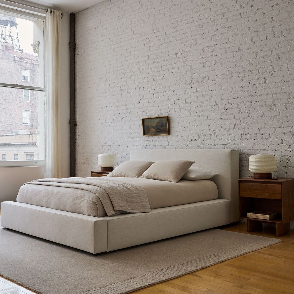 HARMONY Upholstered Bed Frame, Modern Simple Sturdy Platform Bed Upholstered in Linen Fabric. Off-White - Queen Size 150x200