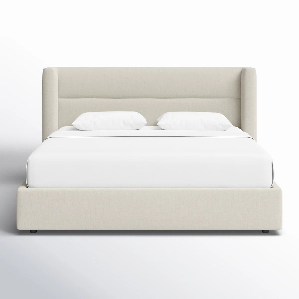 Jayla Upholstered Platform Bed with Wingback Headboard, Linen Fabric, High-Density Foam Padding, Modern Minimalist Design. Off-White - Super King Size 200x200 - Image 4