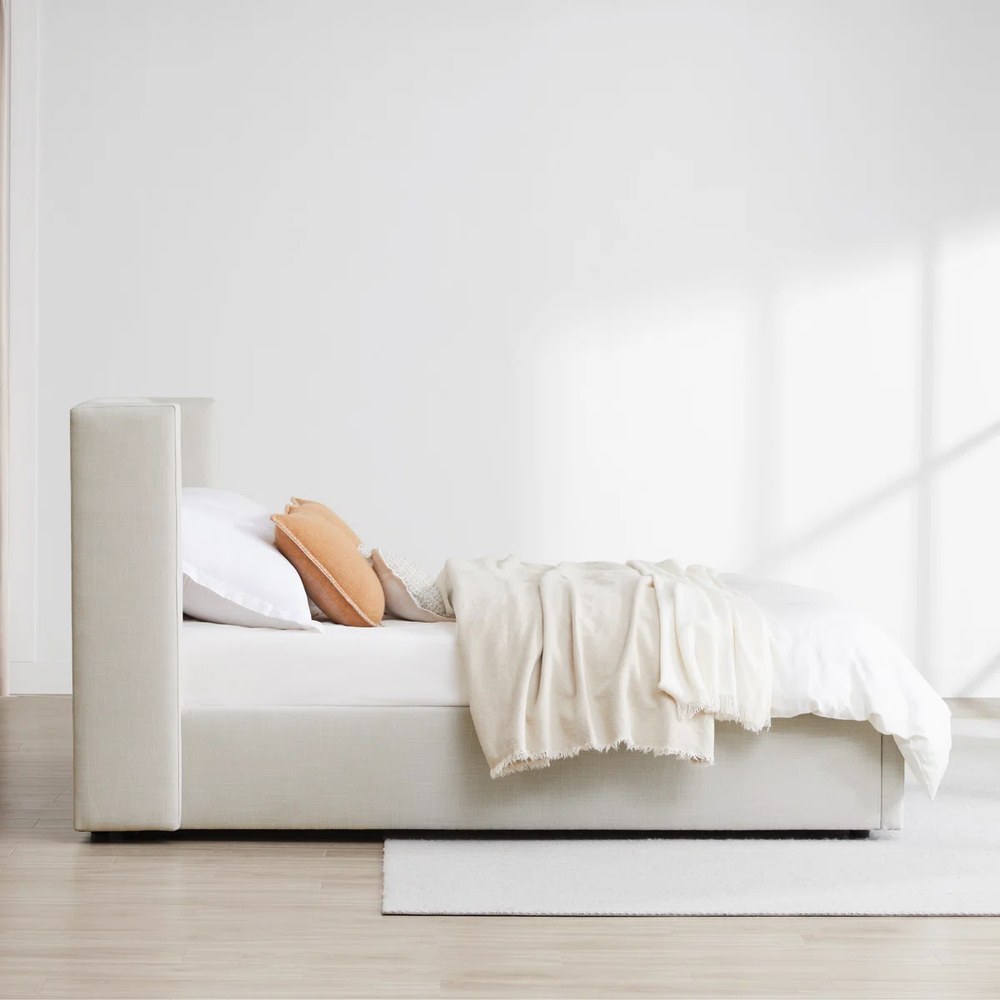 Jayla Upholstered Platform Bed with Wingback Headboard, Linen Fabric, High-Density Foam Padding, Modern Minimalist Design. Off-White - Queen Size 160x200 - Image 4