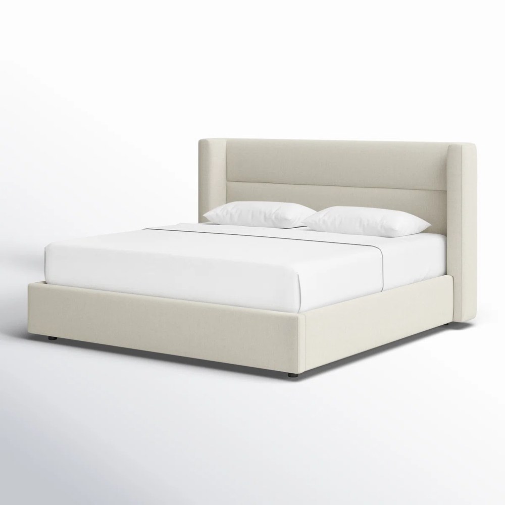 Jayla Upholstered Platform Bed with Wingback Headboard, Linen Fabric, High-Density Foam Padding, Modern Minimalist Design. Off-White - King Size 180x200 - Image 4