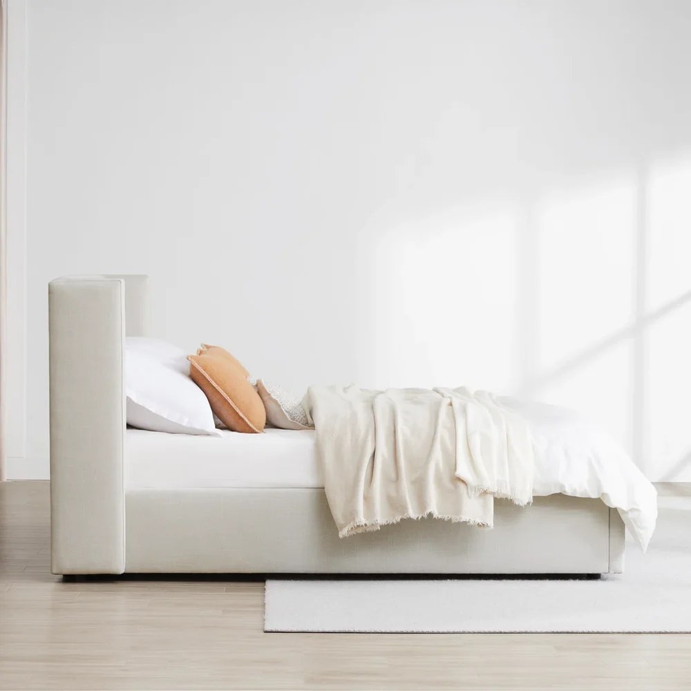 Jayla Upholstered Platform Bed with Wingback Headboard, Linen Fabric, High-Density Foam Padding, Modern Minimalist Design. Off-White - Super King Size 200x200 - Image 2