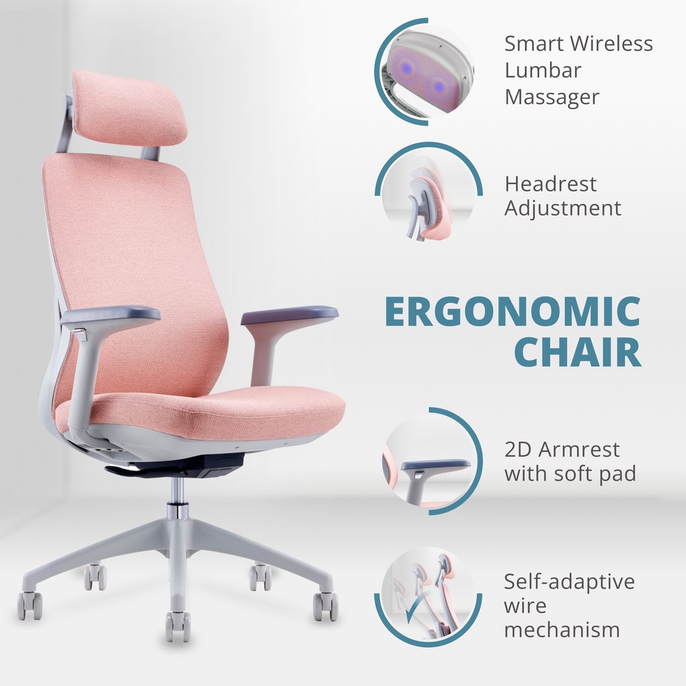 Skyland Lumbar Massage Office Chair with Wireless Heated Lumbar Massager - High-Back Mesh Design, Adjustable Headrest & Armrests for Ultimate Comfort (Pink) - Image 2