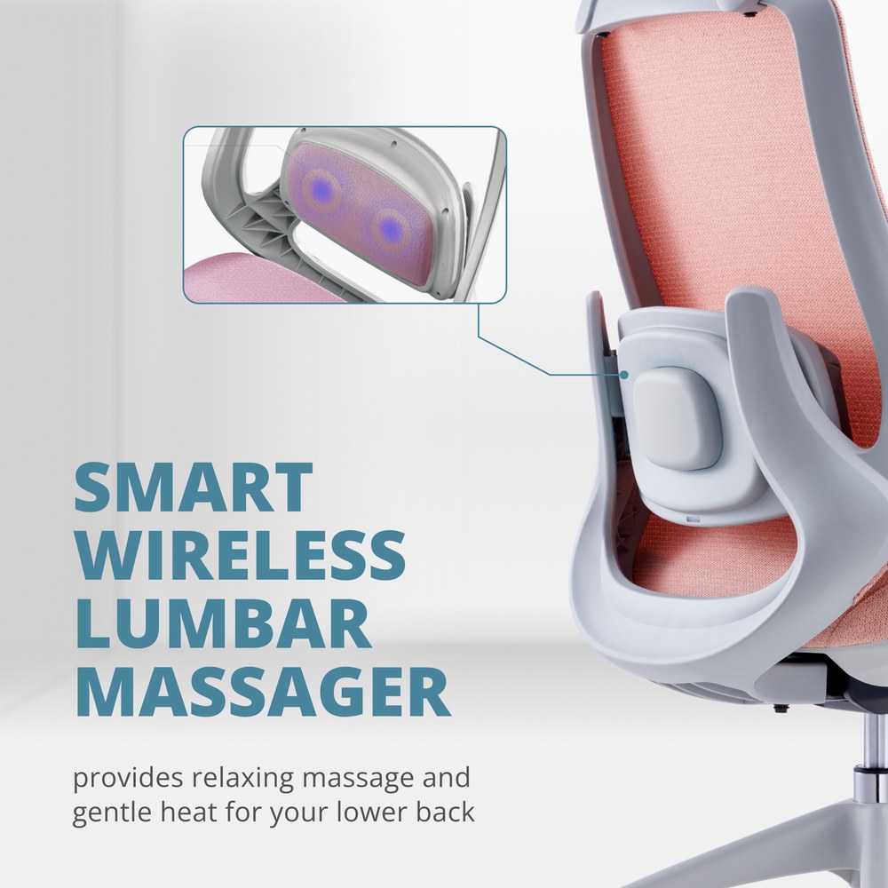 Skyland Lumbar Massage Office Chair with Wireless Heated Lumbar Massager - High-Back Mesh Design, Adjustable Headrest & Armrests for Ultimate Comfort (Pink) - Image 3