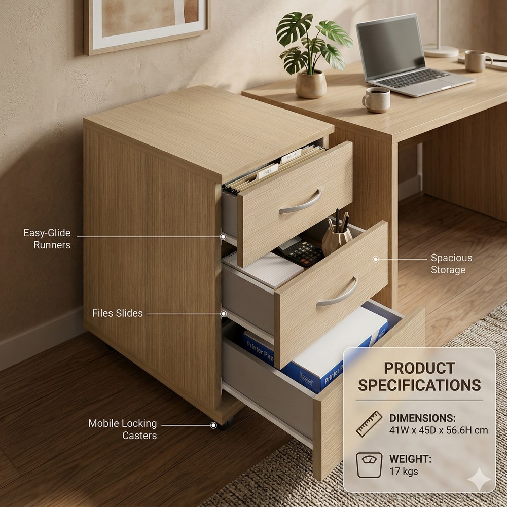 3-Drawer Mobile File Cabinet for Home Office on Rolling Pedestal with Castor Wheels, Legno Light - Image 3