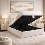 Wooden Twist Cloudora Luxury Full Upholstered Bouclé Storage Bed with Hydraulic Lift Modern Designer Bed with Deep Storage & Padded Headboard (Queen)
