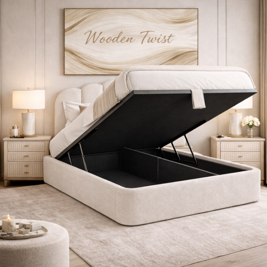 Wooden Twist Cloudora Luxury Full Upholstered Bouclé Storage Bed with Hydraulic Lift Modern Designer Bed with Deep Storage & Padded Headboard (Super King) - Image 3
