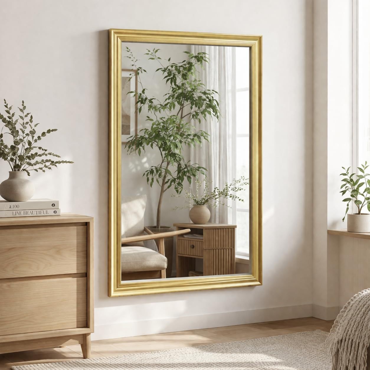 Golden PVC Frame Wall Mirror 68 x 98 cm – Rectangular Decorative Wall Mirror with Hanging Hardware, Luxury Vanity Mirror for Entryway, Bedroom, Living Room & Bathroom Décor