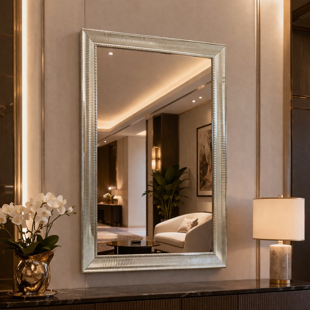 Champagne Framed Wall Mirror 99×69 cm – Rectangular Ribbed Beaded Frame Decorative Vanity Mirror, Premium Textured Champagne Mirror for Living Room, Bedroom, Bathroom Wall Décor - Image 4
