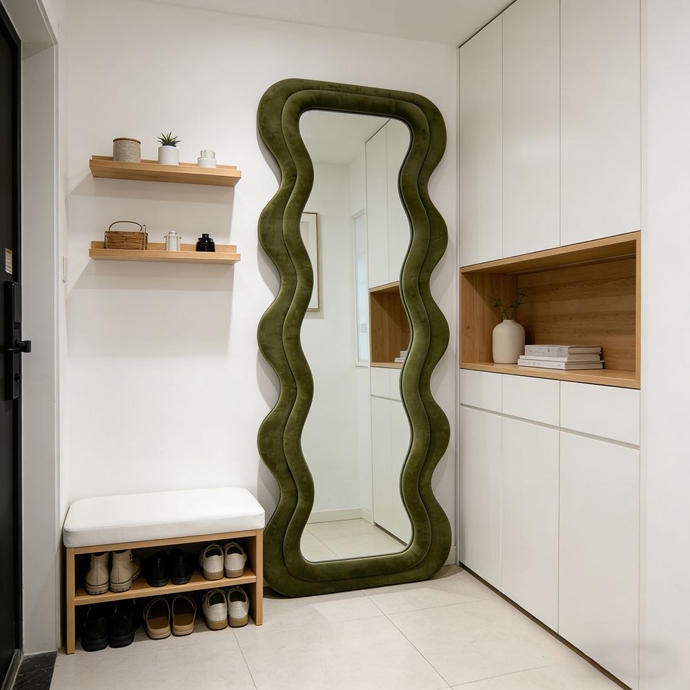 Maple Home Wavy Full Length Mirror Olive Green Velvet 60x160cm Irregular Double Wavy Frame Standing Leaning Mirror for Bedroom Entryway Closet Living Room - Image 2