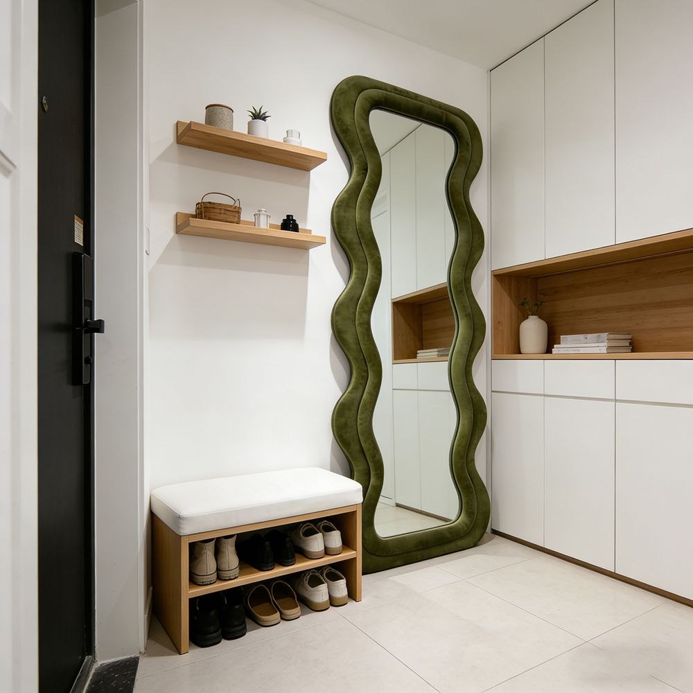 Maple Home Wavy Full Length Mirror Olive Green Velvet 60x160cm Irregular Double Wavy Frame Standing Leaning Mirror for Bedroom Entryway Closet Living Room - Image 3