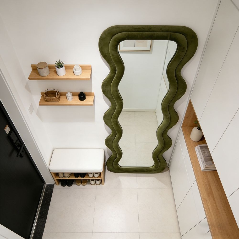 Maple Home Wavy Full Length Mirror Olive Green Velvet 60x160cm Irregular Double Wavy Frame Standing Leaning Mirror for Bedroom Entryway Closet Living Room - Image 4