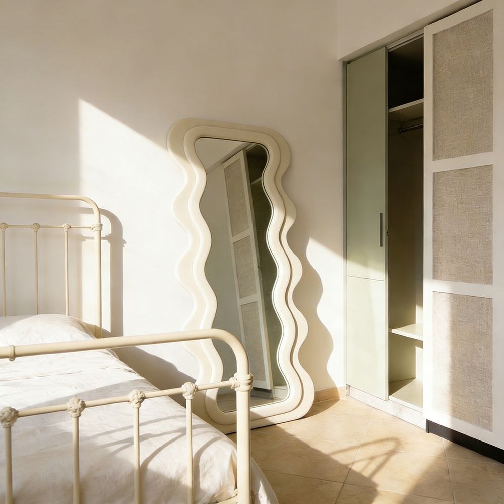 Maple Home Wavy Full Length Mirror Ivory Velvet 60x160cm Irregular Double Wavy Frame Standing Leaning Mirror for Bedroom Entryway Closet Living Room - Image 3