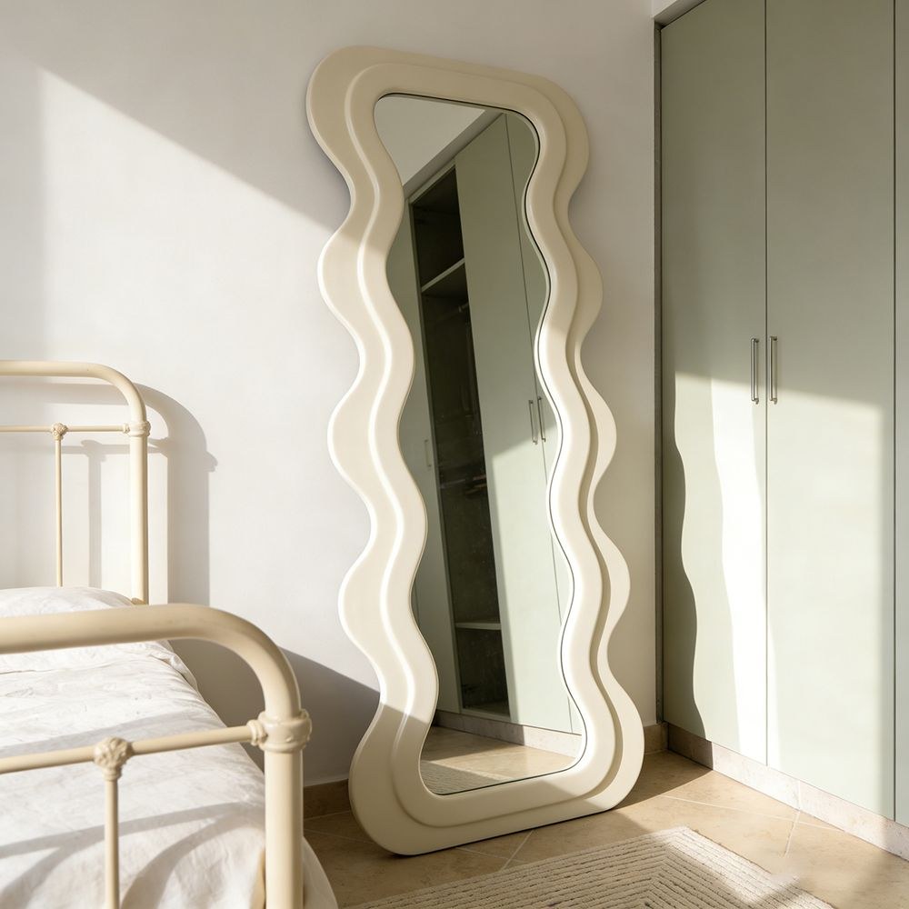 Maple Home Wavy Full Length Mirror Ivory Velvet 60x160cm Irregular Double Wavy Frame Standing Leaning Mirror for Bedroom Entryway Closet Living Room - Image 4