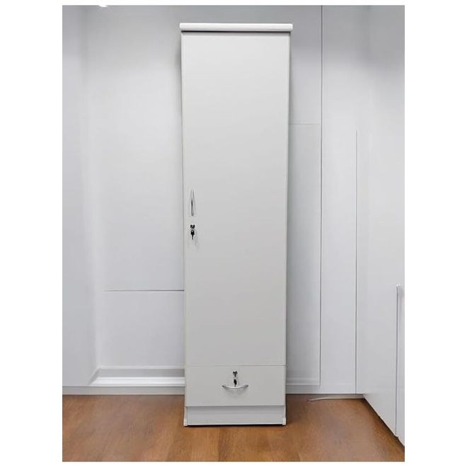 Burkhart 1-Door Wooden Wardrobe with Drawer & Hanging Rail – Modern Storage Cabinet with Lock – White