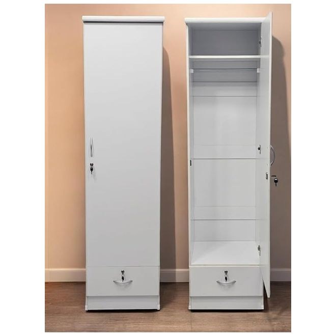 Burkhart 1-Door Wooden Wardrobe with Drawer & Hanging Rail – Modern Storage Cabinet with Lock – White - Image 3