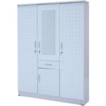 3-Door Wooden Wardrobe with Mirror & Drawer – Multi-Shelf Storage Cabinet with Hanging Rail – White