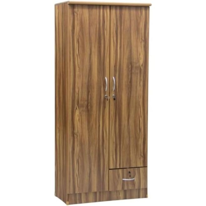 Burkhart 2-Door Wardrobe with Drawer and Lock – Modern Storage Cabinet Golden Teak