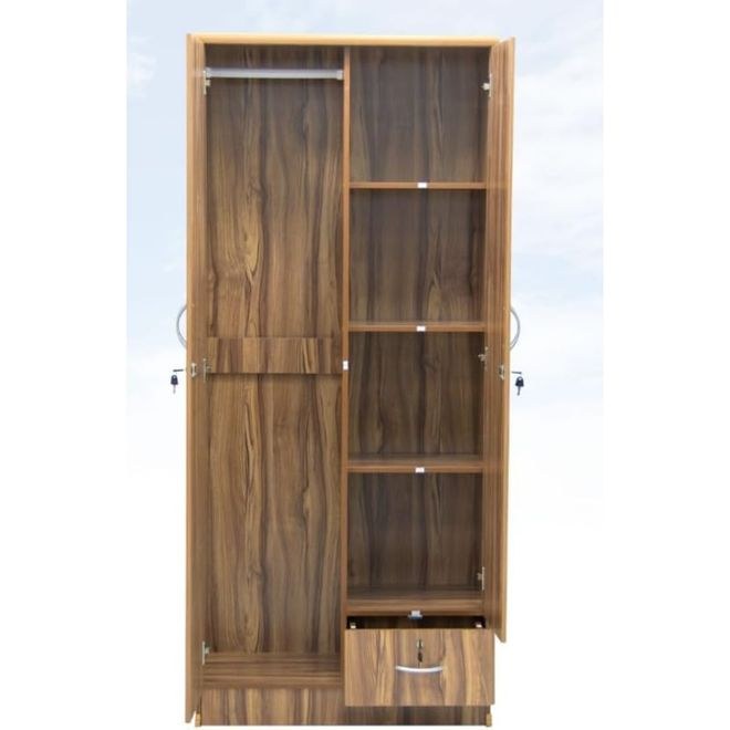 Burkhart 2-Door Wardrobe with Drawer and Lock – Modern Storage Cabinet Golden Teak - Image 2