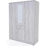 3-Door Wooden Wardrobe with Mirror & Drawer – Multi-Shelf Storage Cabinet with Hanging Rail – Mapple