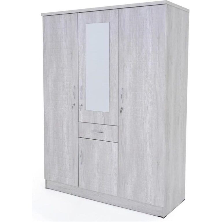 3-Door Wooden Wardrobe with Mirror & Drawer – Multi-Shelf Storage Cabinet with Hanging Rail – Mapple