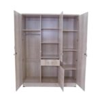 3-Door Wooden Wardrobe with Mirror & Drawer – Multi-Shelf Storage Cabinet with Hanging Rail – Mapple