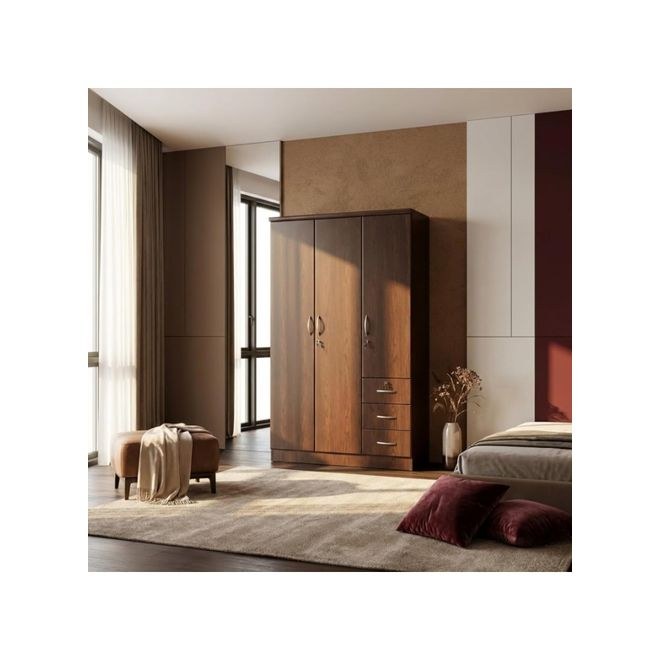 Burkhart 3 Door Wooden Wardrobe with 3 Drawers and Lock – Modern Dirty Oak Bedroom Storage Cabinet Cupboard