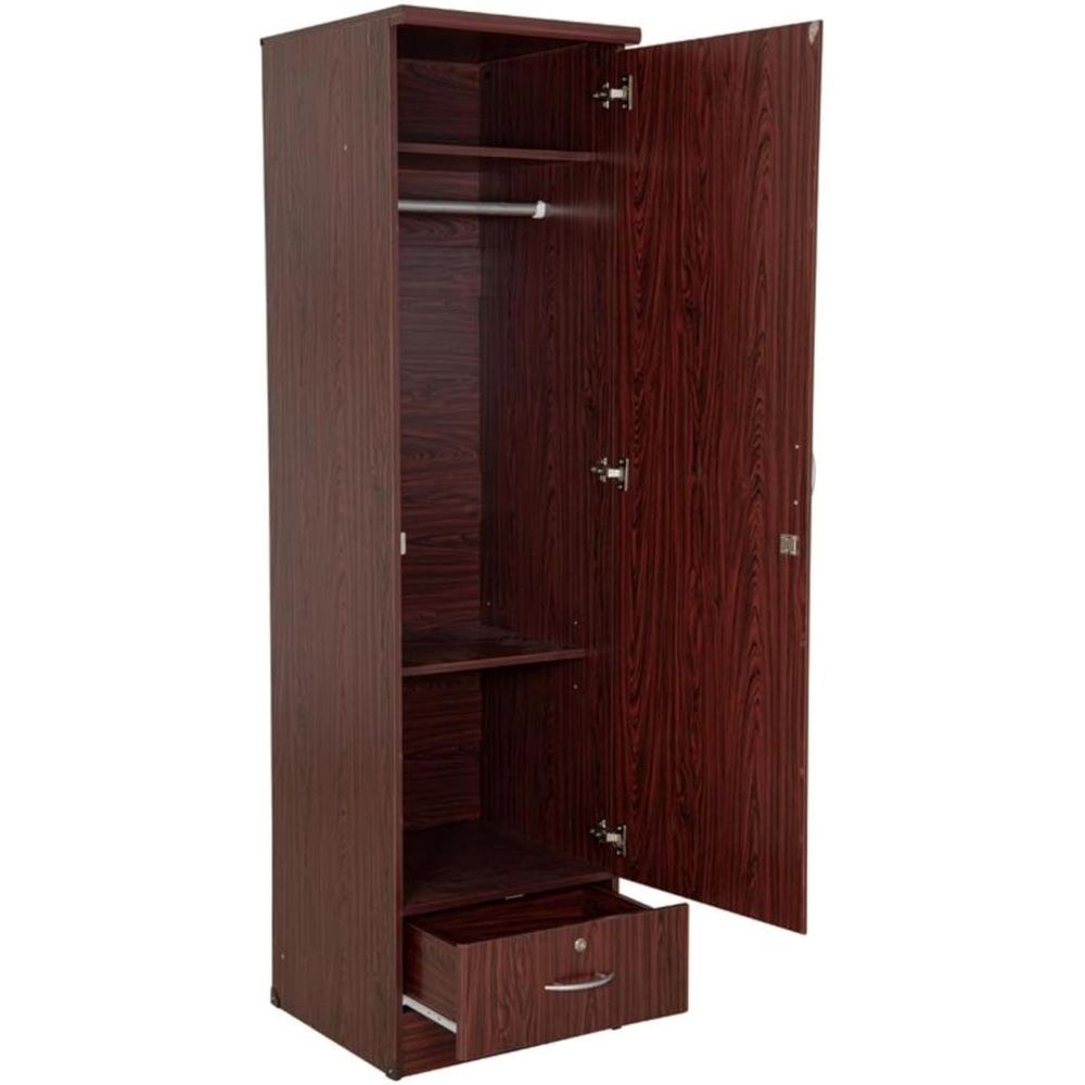 Burkhart 1-Door Wooden Wardrobe with Drawer & Hanging Rail – Modern Storage Cabinet with Lock – Mohagany - Image 2