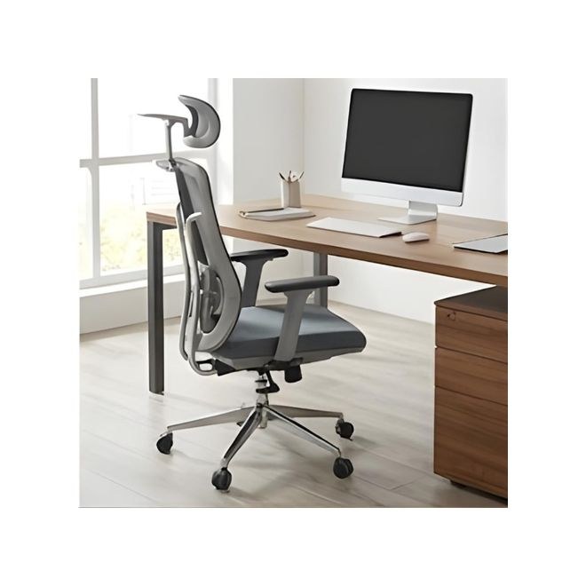 Ergonomic High-Back Mesh Office Chair with Adjustable Headrest & Lumbar Support - Grey - Image 2