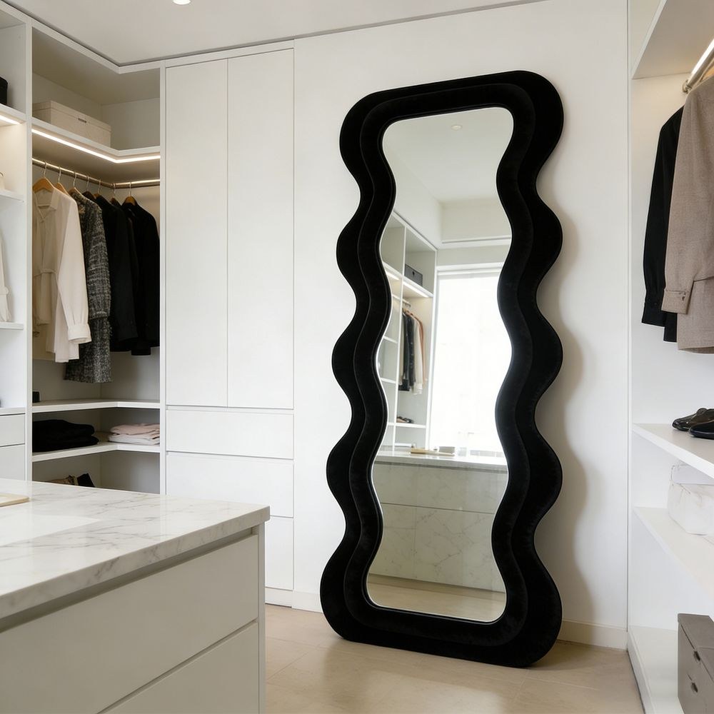 Maple Home Wavy Full Length Mirror Black Velvet 60x160cm Irregular Double Wavy Frame Standing Leaning Mirror for Bedroom Entryway Closet Living Room - Image 2