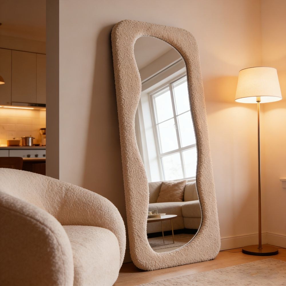 Maple Home Deep Beige Teddy Fleece Wavy Full Length Mirror 60x160cm Irregular Fluffy Squiggle Floor Mirror for Bedroom Entryway Closet - Image 2