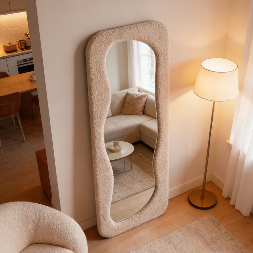 Maple Home Deep Beige Teddy Fleece Wavy Full Length Mirror 60x160cm Irregular Fluffy Squiggle Floor Mirror for Bedroom Entryway Closet - Image 3