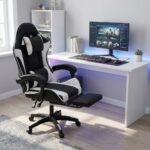 Premium Ergonomic Gaming Chair – White & Black PU Leather, Adjustable Height & Recline, 360° Swivel, Lumbar & Neck Support, Racing Style Comfort Chair for Gaming & Office Use