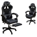 Premium Ergonomic Gaming Chair – BLACK & GREY PU Leather, Adjustable Height & Recline, 360° Swivel, Lumbar & Neck Support, Racing Style Comfort Chair for Gaming & Office Use