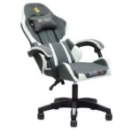 Premium Ergonomic Gaming Chair – Grey & White PU Leather, Adjustable Height & Recline, 360° Swivel, Lumbar & Neck Support, Racing Style Comfortable Chair for Gaming & Office Use