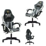 Premium Ergonomic Gaming Chair – Grey & White PU Leather, Adjustable Height & Recline, 360° Swivel, Lumbar & Neck Support, Racing Style Comfortable Chair for Gaming & Office Use