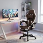 Ergonomic Gaming Chair Brown & White – High-Back Reclining Design, Adjustable Height, Lumbar Support & Headrest Pillow, Premium PU Leather, 360° Swivel, Heavy-Duty Base for Office & Gaming