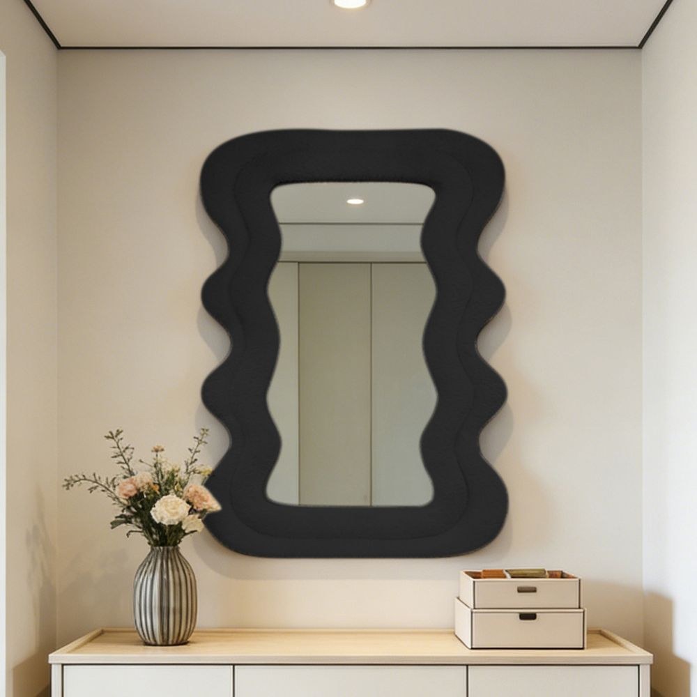Maple Home Wavy Mirror,Black,Teddy Fleece,60x80cm,Modern Fluffy,Wall Mounted and Tabletop Decorative Mirror for Home Interior