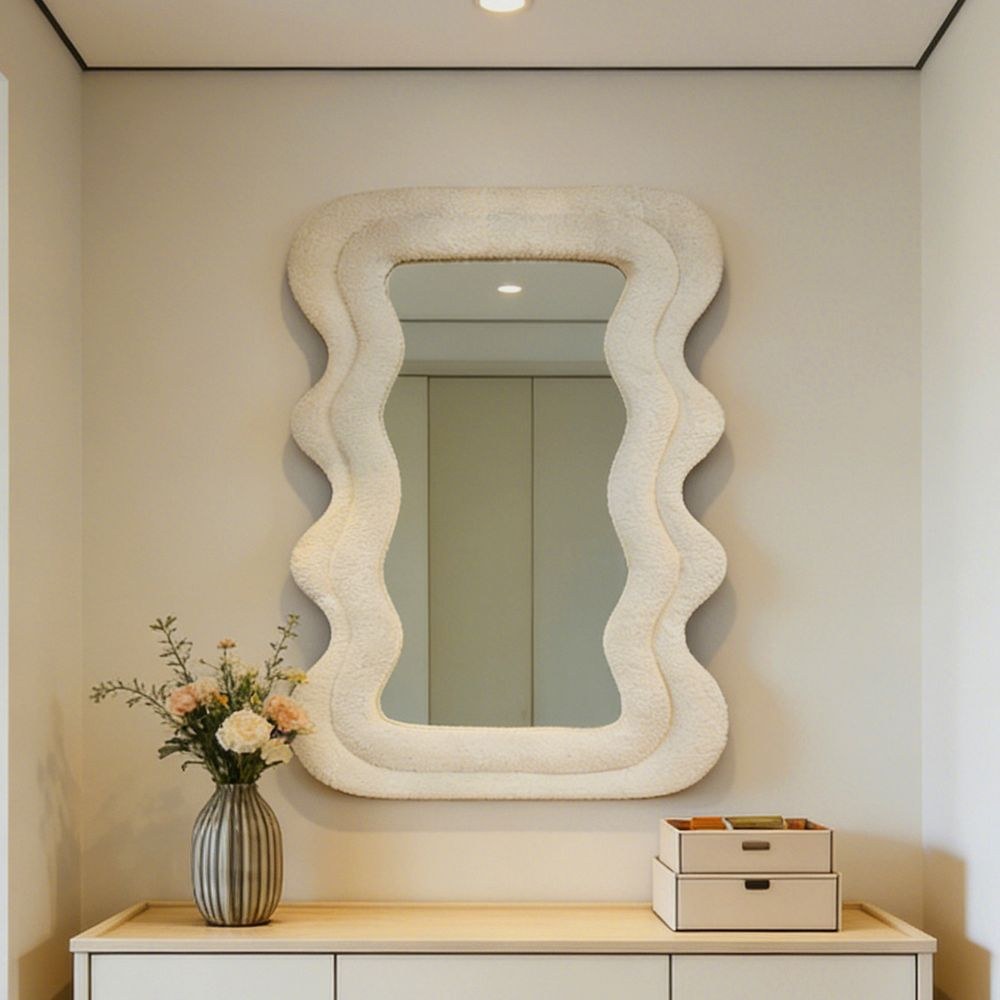 Maple Home Wavy Mirror,Beige,Teddy Fleece,60x80cm,Modern Fluffy,Wall Mounted and Tabletop Decorative Mirror for Home Interior