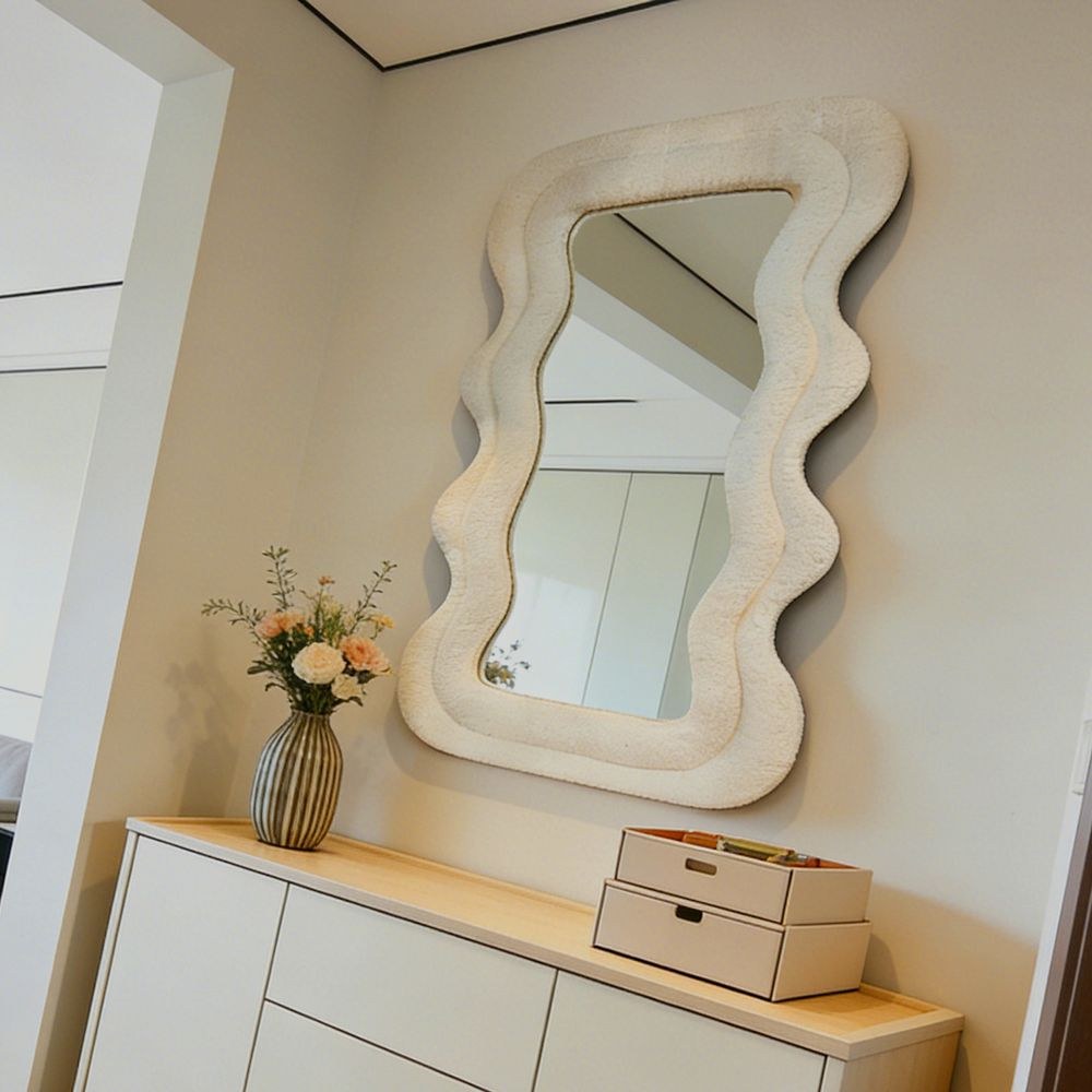 Maple Home Wavy Mirror,Beige,Teddy Fleece,60x80cm,Modern Fluffy,Wall Mounted and Tabletop Decorative Mirror for Home Interior - Image 2