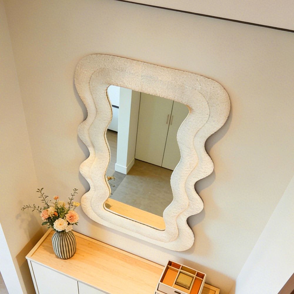 Maple Home Wavy Mirror,Beige,Teddy Fleece,60x80cm,Modern Fluffy,Wall Mounted and Tabletop Decorative Mirror for Home Interior - Image 3