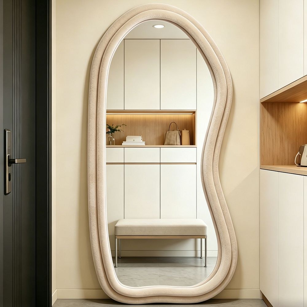 Maple Home Velvet Full Length Mirror,Beige,70x170cm,Aesthetic Fluffy Irregular Floor Mirror