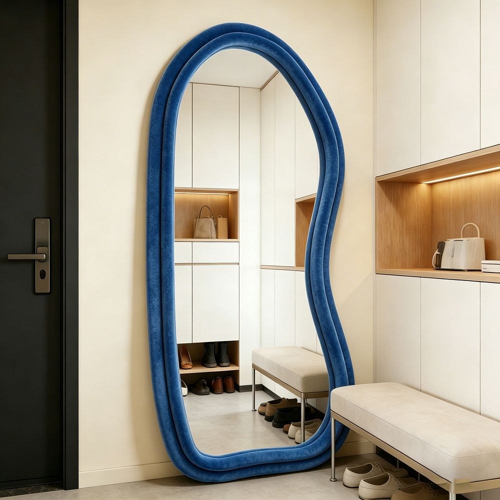 Maple Home Velvet Full Length Mirror,Dark Blue,70x170cm,Aesthetic Fluffy Irregular Floor Mirror