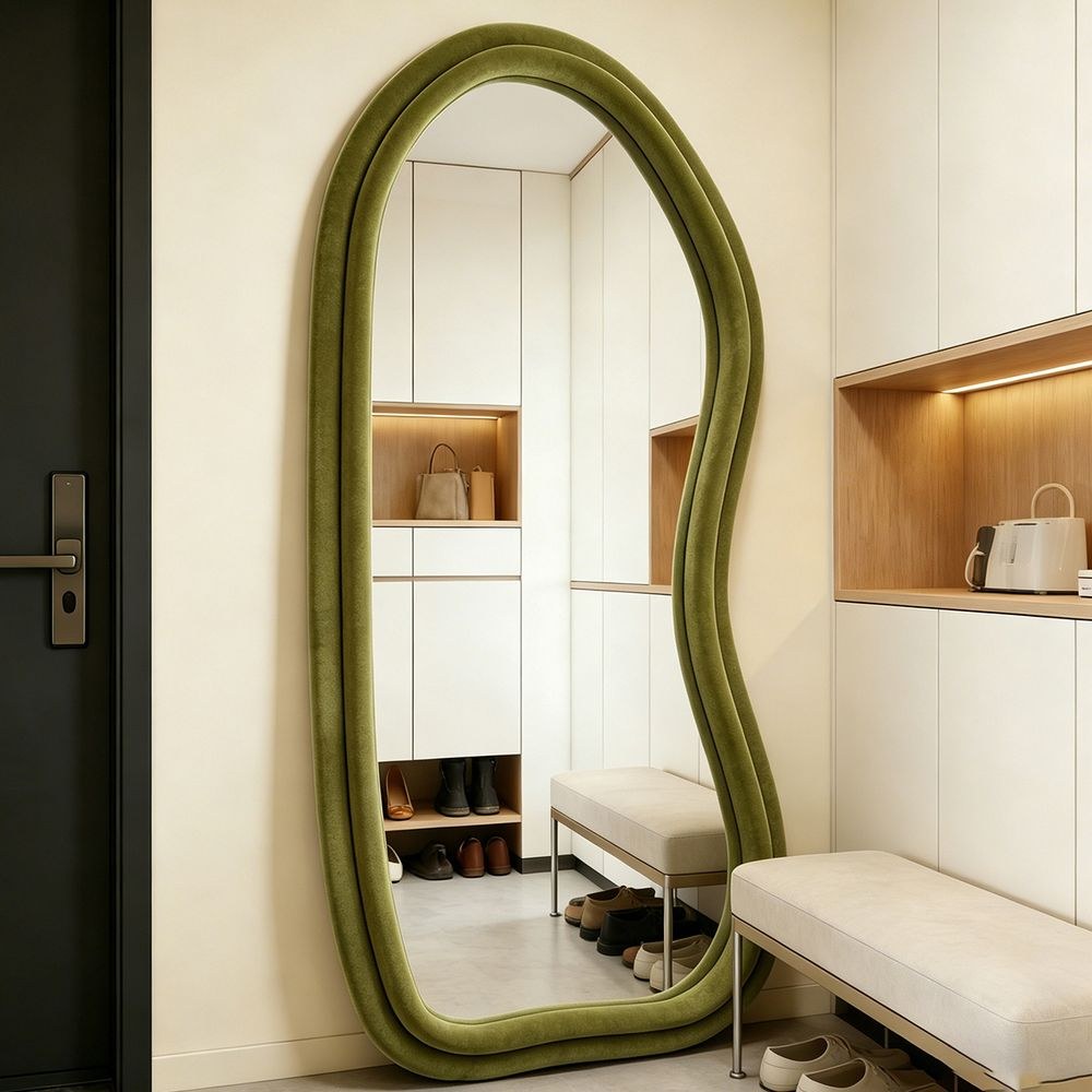 Maple Home Velvet Full Length Mirror,Olive Green,70x170cm,Aesthetic Fluffy Irregular Floor Mirror