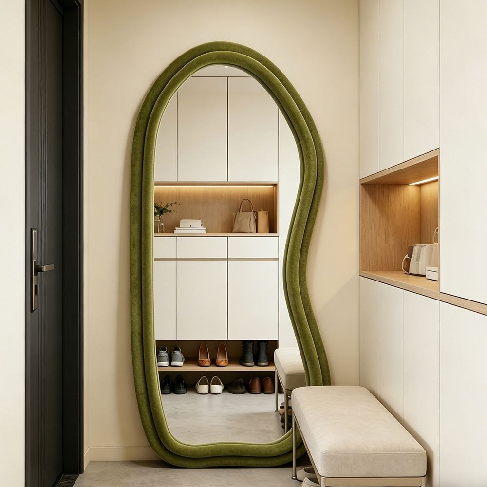 Maple Home Velvet Full Length Mirror,Olive Green,70x170cm,Aesthetic Fluffy Irregular Floor Mirror - Image 3