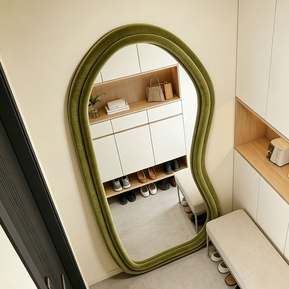 Maple Home Velvet Full Length Mirror,Olive Green,70x170cm,Aesthetic Fluffy Irregular Floor Mirror - Image 4