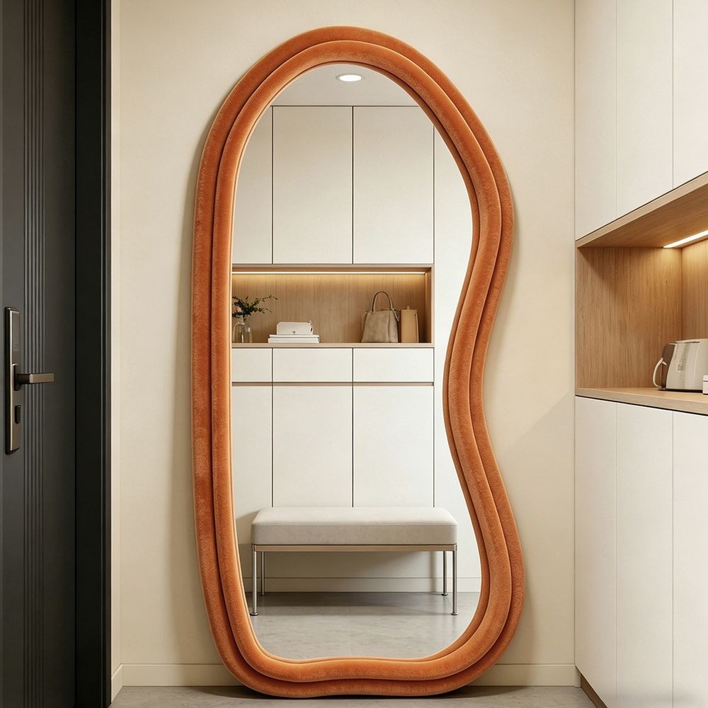Maple Home Velvet Full Length Mirror,Orange,70x170cm,Aesthetic Fluffy Irregular Floor Mirror