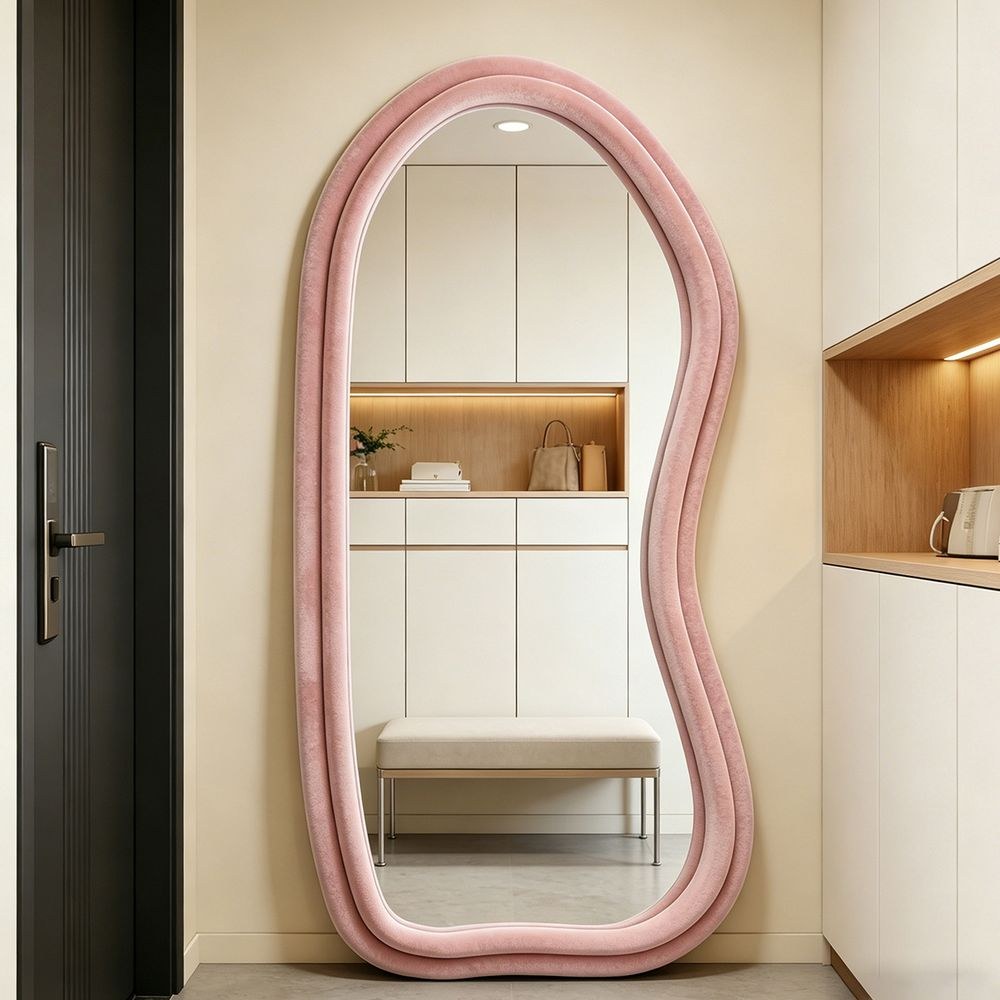 Maple Home Velvet Full Length Mirror,Pink,70x170cm,Aesthetic Fluffy Irregular Floor Mirror