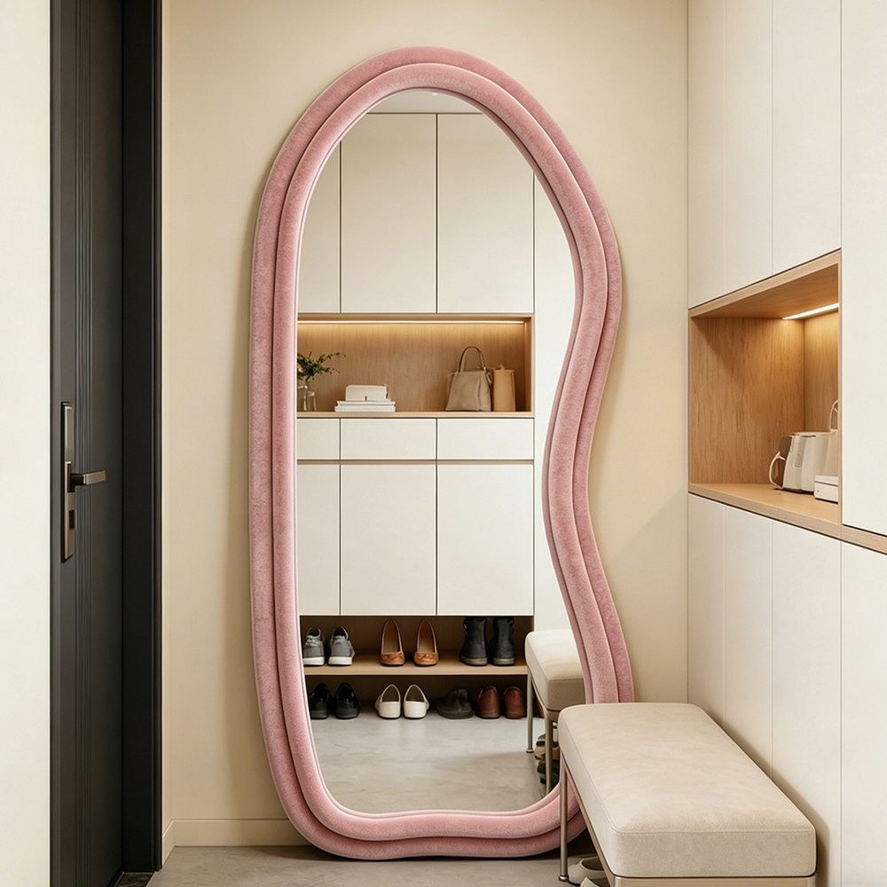 Maple Home Velvet Full Length Mirror,Pink,70x170cm,Aesthetic Fluffy Irregular Floor Mirror - Image 4