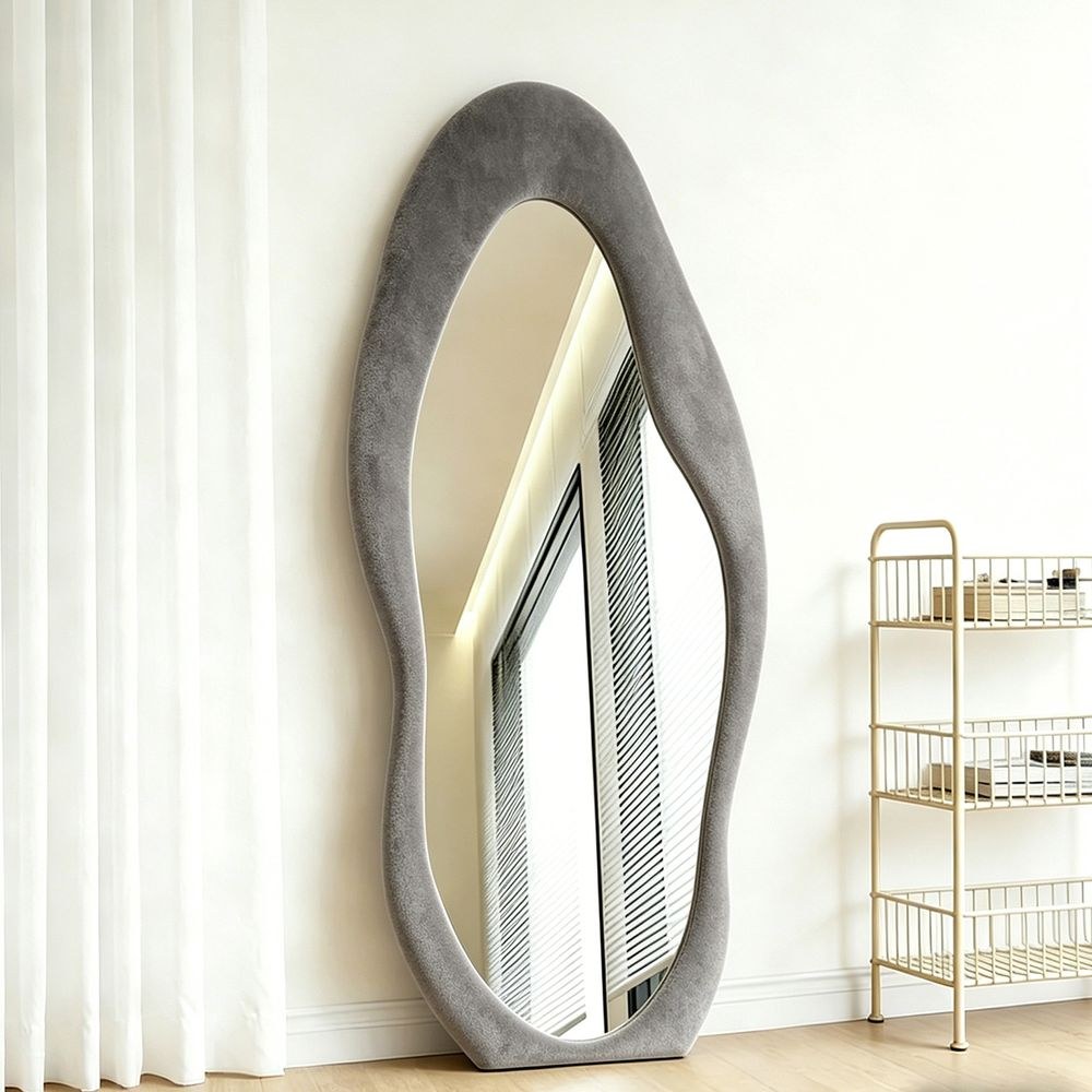 Maple Home Velvet Irregular Maple Home Wavy Full Length Mirror Light Gray 70x170cm Modern Fluffy Squiggle Wall and Floor Mirror - Image 3