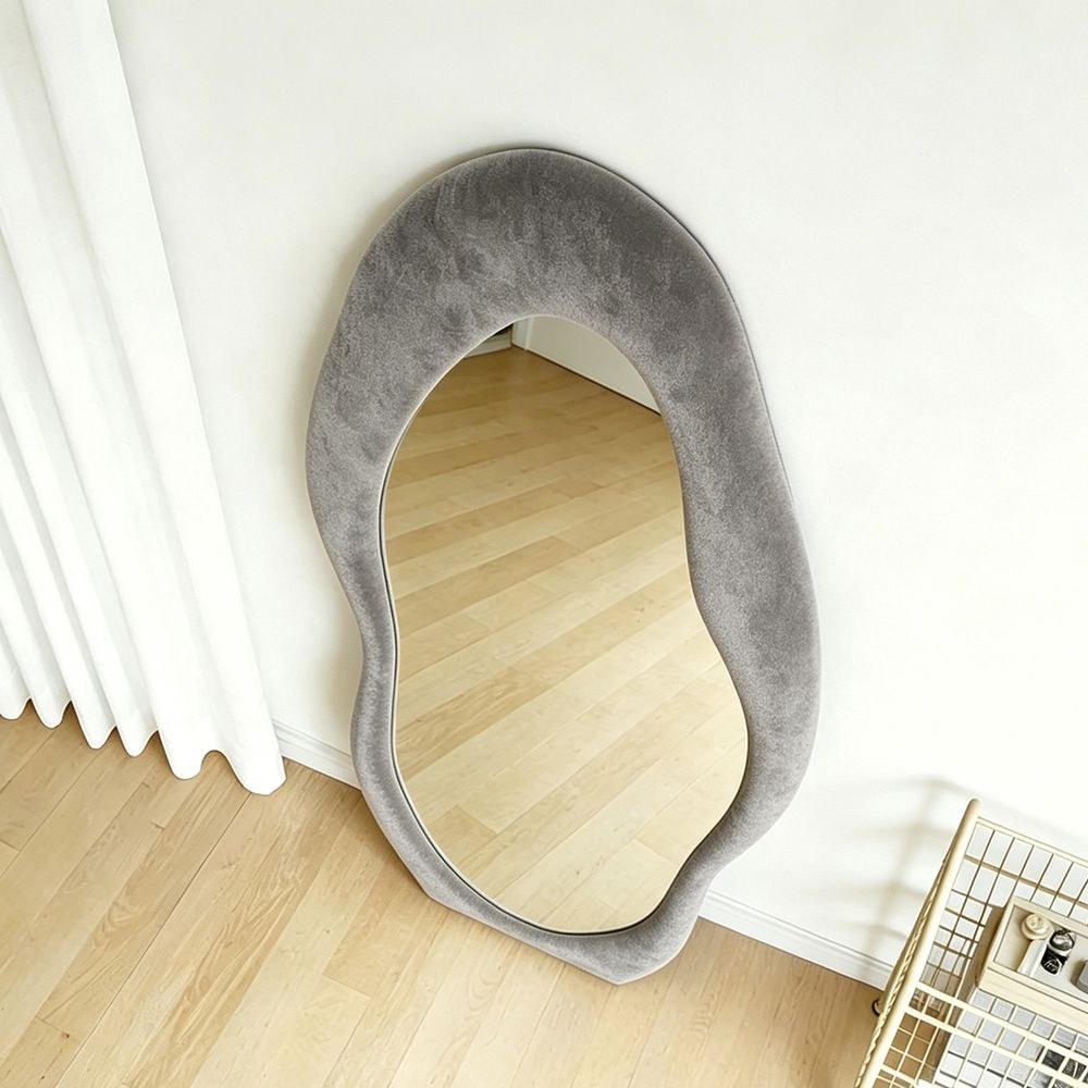 Maple Home Velvet Irregular Maple Home Wavy Full Length Mirror Light Gray 70x170cm Modern Fluffy Squiggle Wall and Floor Mirror - Image 4